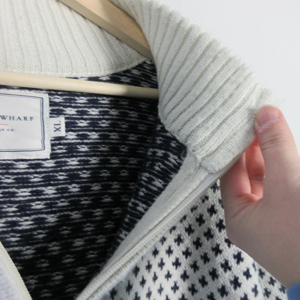 Long Wharf Supply Co Mens XL 1/4 Zip Sweater Fair Isle White Navy Nautical - Picture 4 of 15